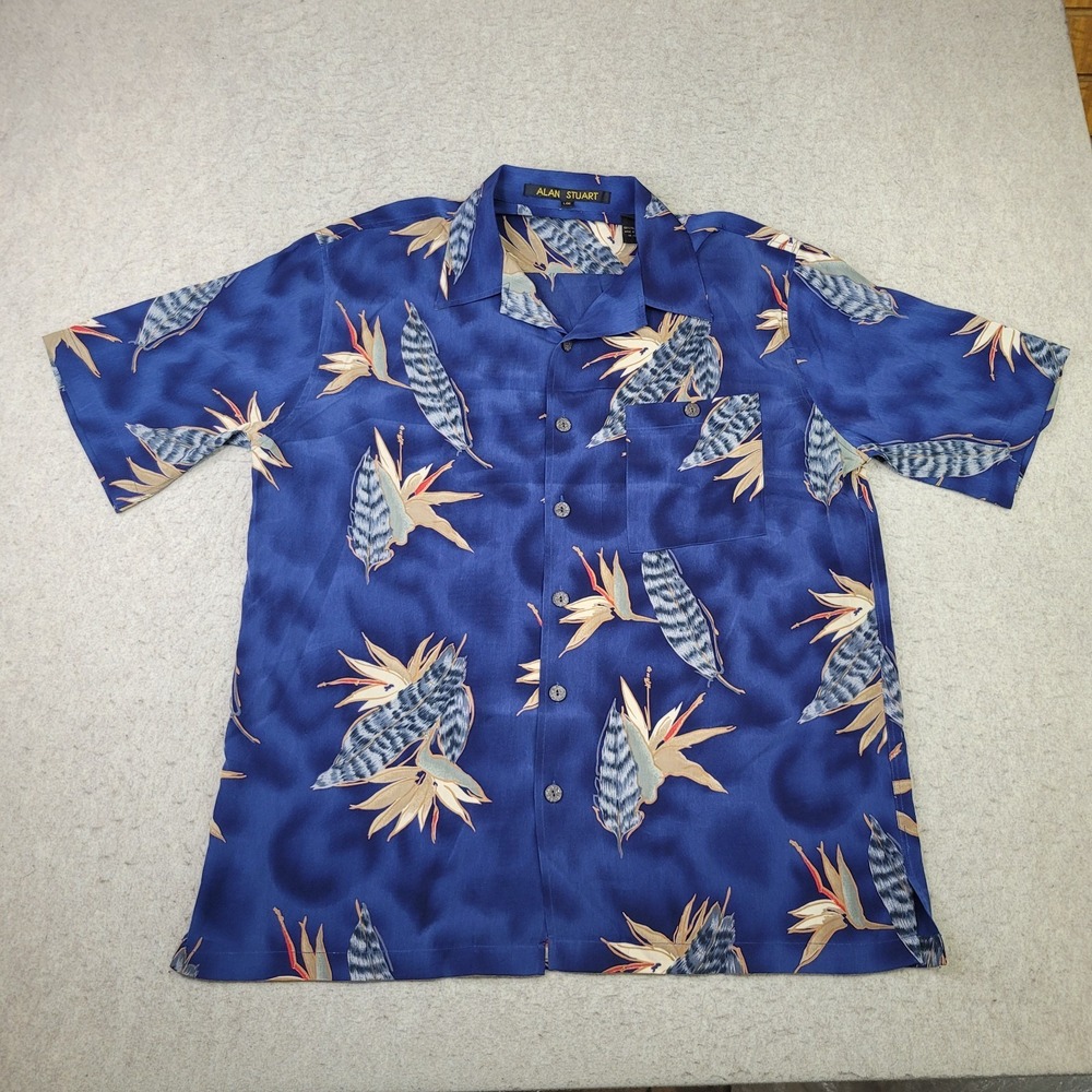 Vintage Alan Stuart Hawaiian Shirt Mens L Blue Short Sleeve Tropical Lightweight